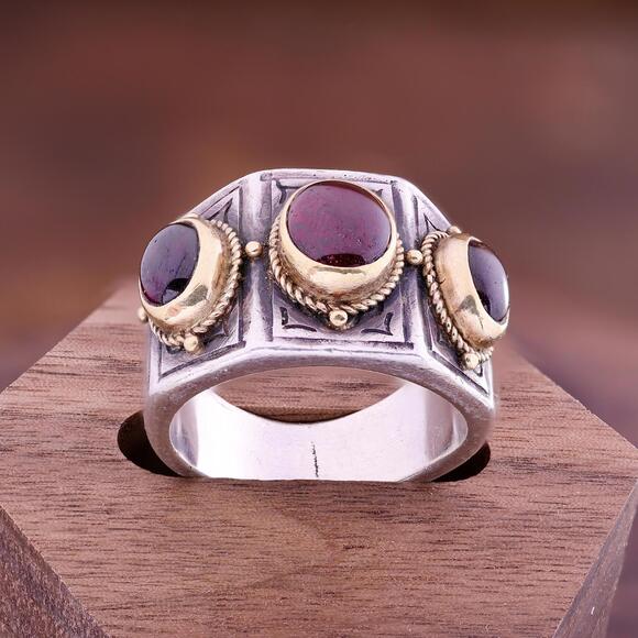 Konstantino Garnet Three Stone Sterling Silver/22k Yellow Gold Ring Size 7.25 - Picture 4 of 10